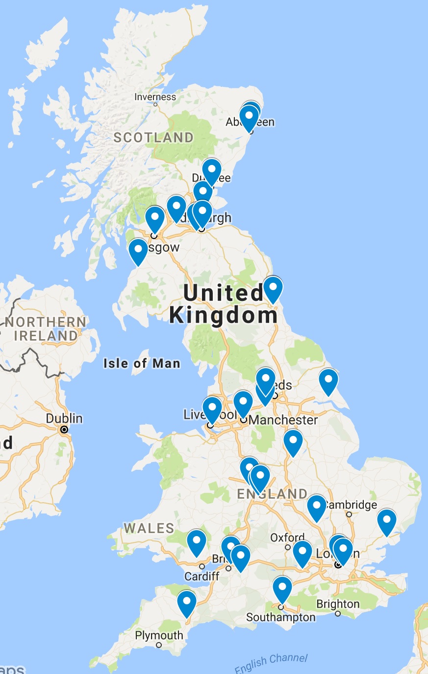 Map showing wide geographic spread of institutions represented from across the UK