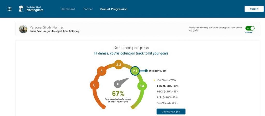 Image showing one of the learning analytics mock-ups designed to support student review and setting goals.