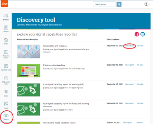 Screenshot of the discovery tool, showing that users can click on the "Report" link to access their previously taken question sets