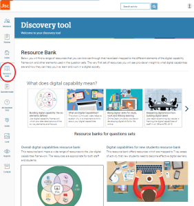 Screenshot of the resource bank in the discovery tool, showing resources broken down into categories that relate to the digital capabilities framework