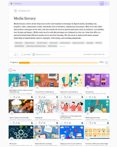 Discovery tool resource bank. Image shows a description of a competency area and a series of thumbnail images that link out to external free resources, organised in rows of four