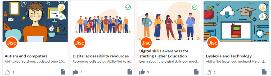 Image showing a selection of resources from the Discovery tool to assist students with digital accessibility