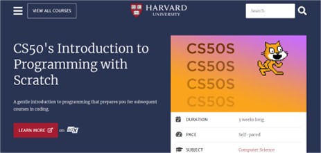 Screenshot of the Harvard course titled 'CS50’s introduction to programming with Scratch'