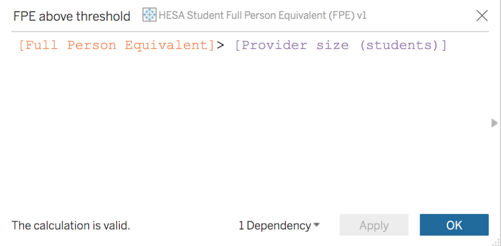 Screenshot of formula: [Full Person Equivalent]> [Provider size (students)]