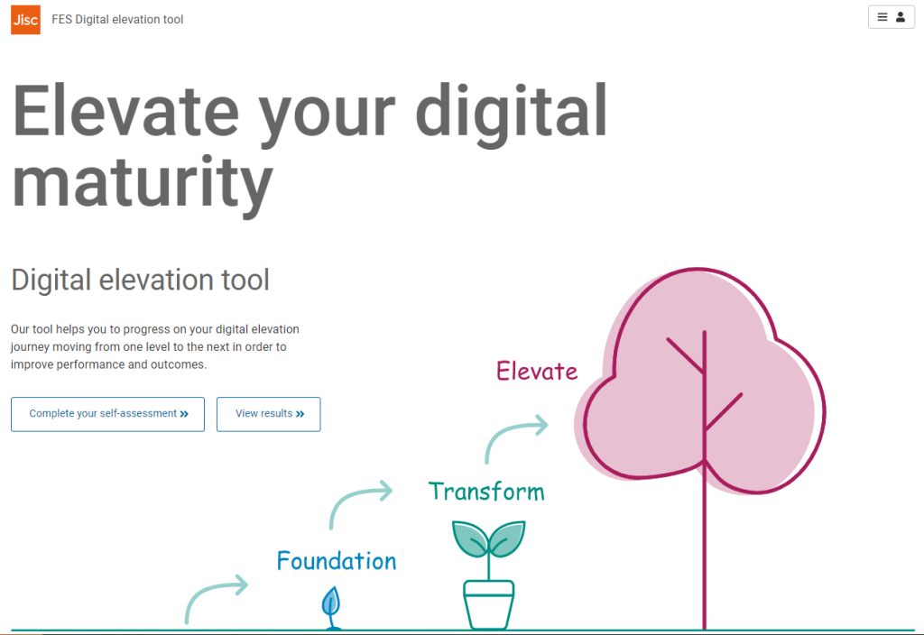 Digital elevation tool homepage, where users can start a self-assessment questionnaire or view their results and resources